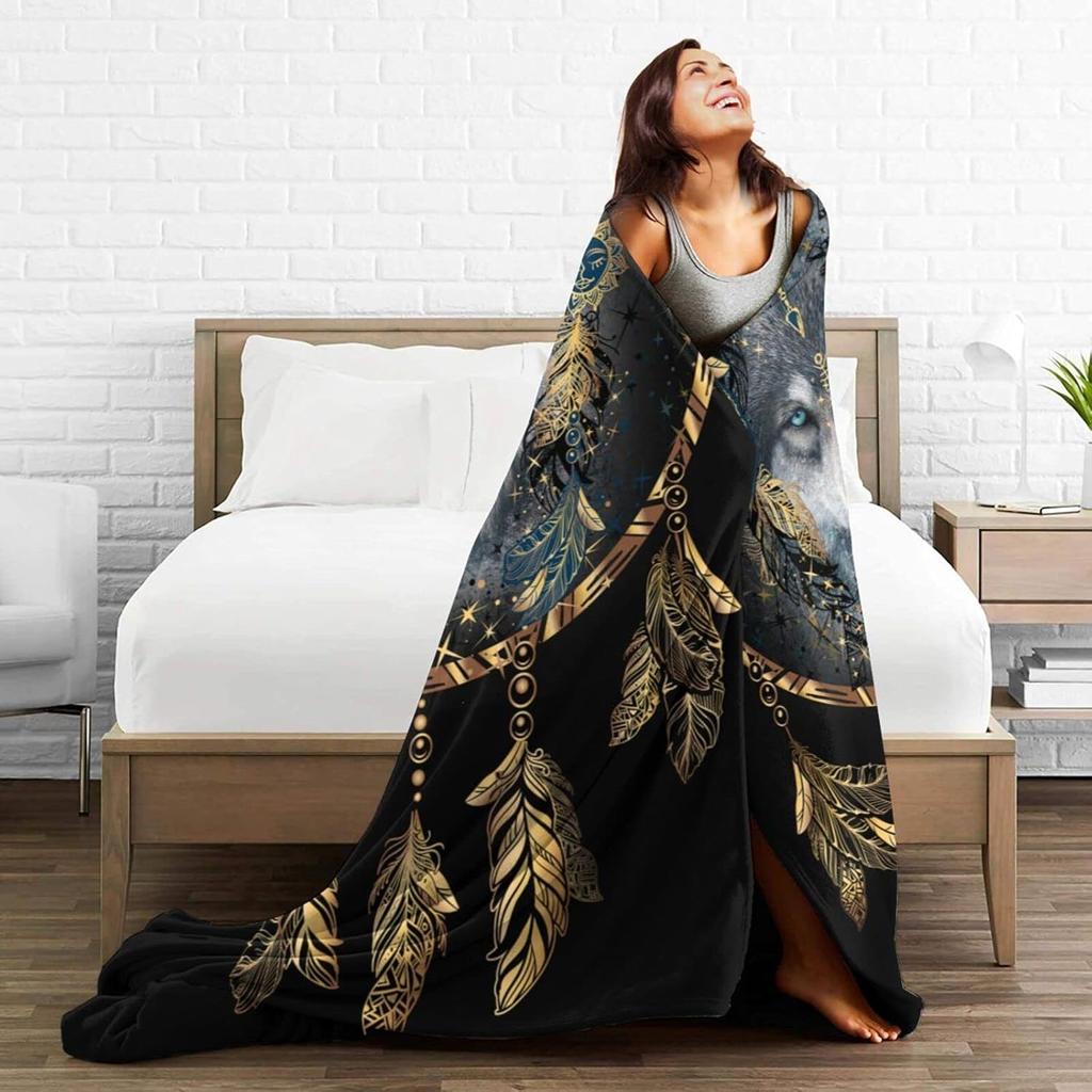 Wolf Dream Catcher Throw Blanket Soft Cozy Plush Warm Fleece Blanket For Sofa Couch Bed 80"X60"