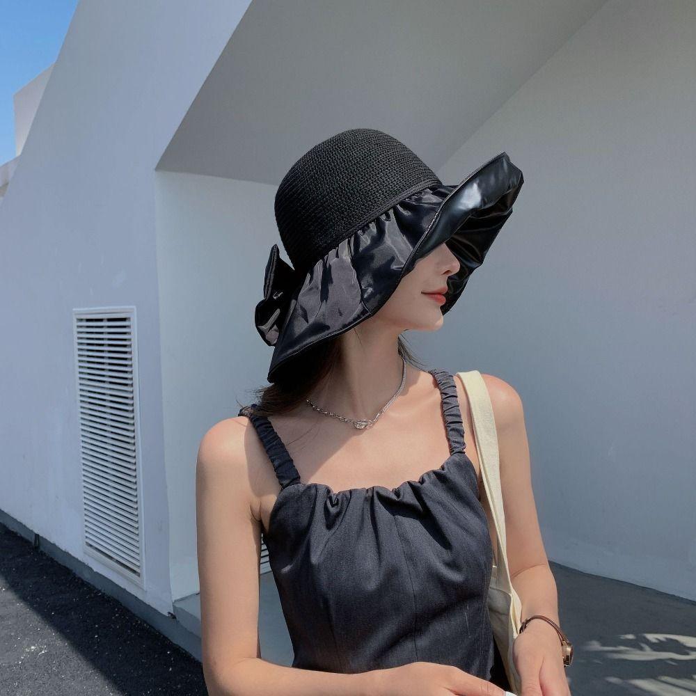 Solid Color Outdoor Travel Summer UV Protection Bowknot Sun Hat Women Cap Bucket Hat Fisherman Hat