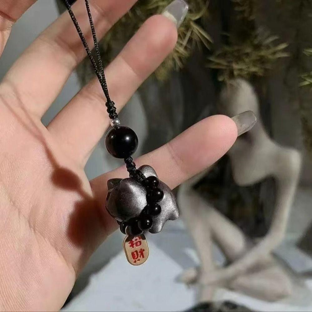 Bag Charms Lucky Cat Keychain Silver Obsidian Cat Car Key Ring Braid Rope Pendant  Couple