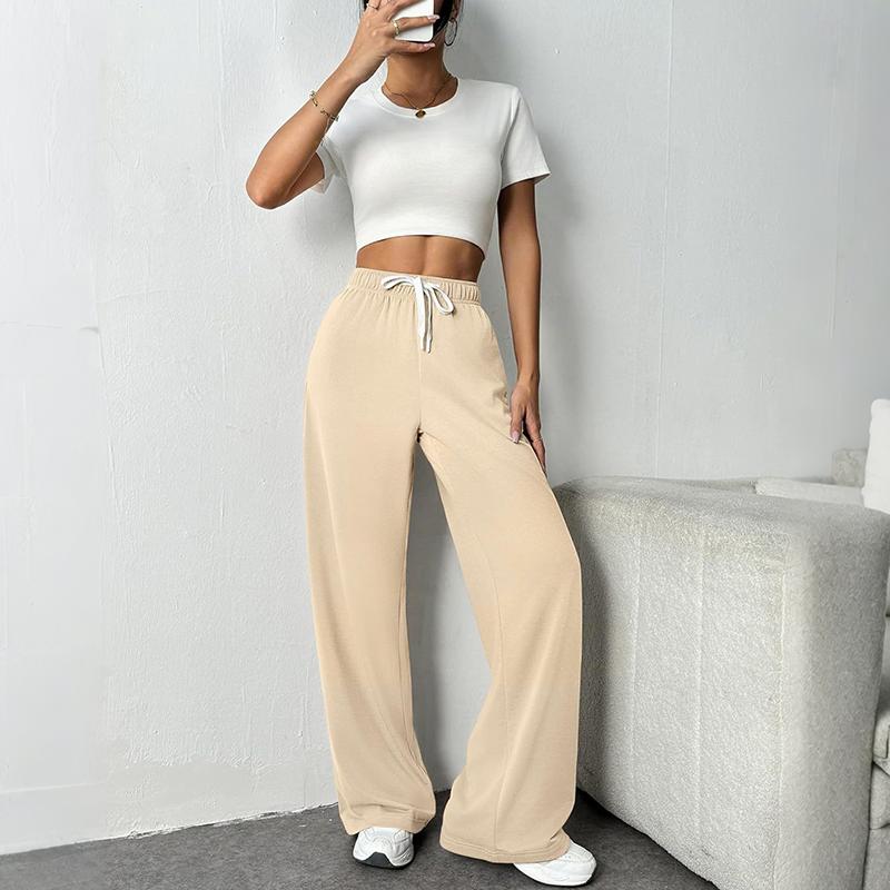 

Женские весенне-летние повседневные спортивные однотонные брюки на кулиске с высокой посадкой и прямыми штанинами L