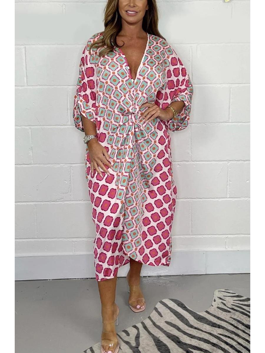 2026 Summer Women s V-neck Geometric Print Dress - European & American Style XL розовый