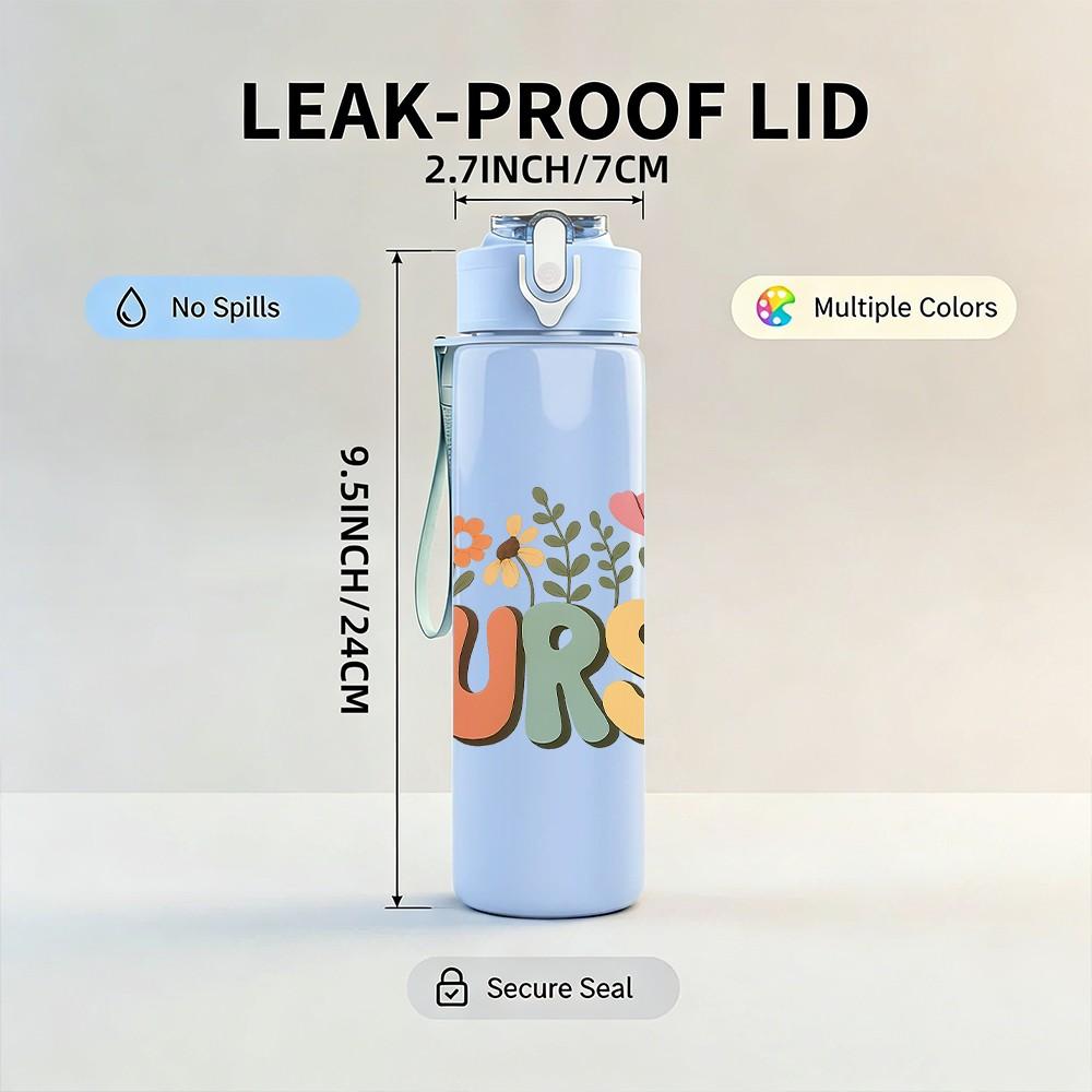 1PC Nurse Floral Letter Graphic 750ml Color Plastic Sports Water Bottle Leakproof Flip Straw Lid For Sports Office Home Use