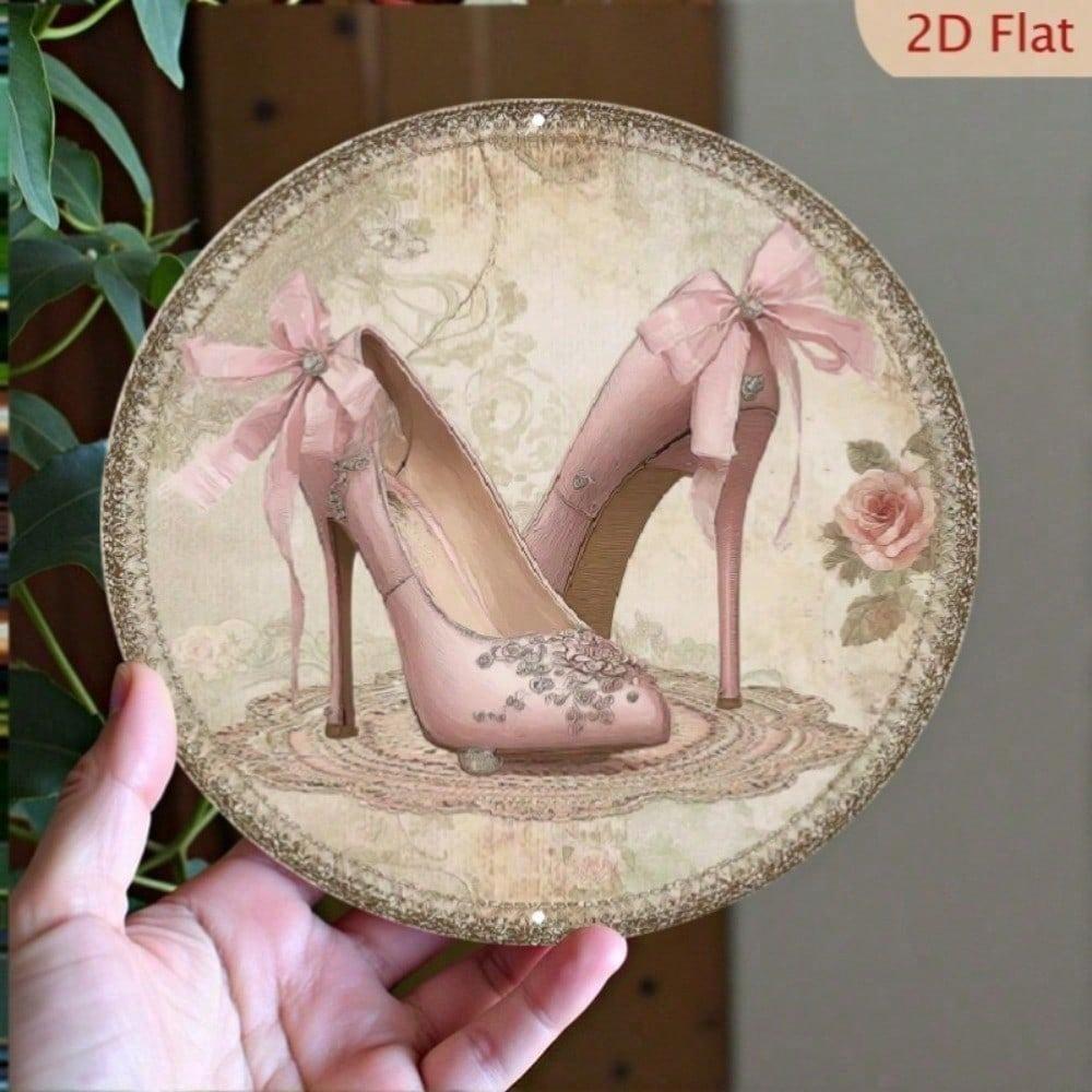 Vintage Metal Wall Art 8x8 Inch, Elegant Lace Pearl High Heel Shoe Decor with Floral Bow, Round Hanging Ornament for Home Bedroom Living Room