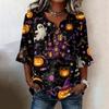 Women's Casual V-Neck Ruffle Trim Patchwork Sleeve Loose Fit Halloween Print Top