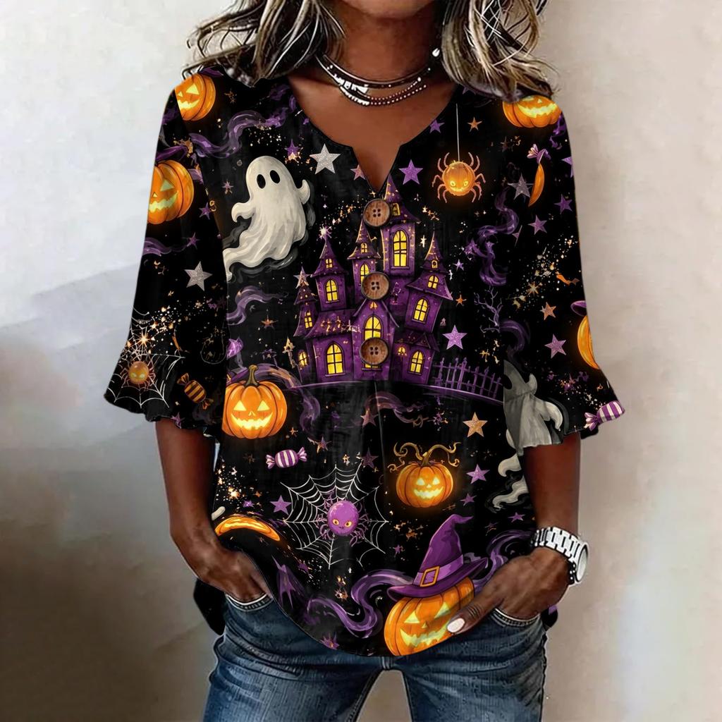 Women's Casual V-Neck Ruffle Trim Patchwork Sleeve Loose Fit Halloween Print Top