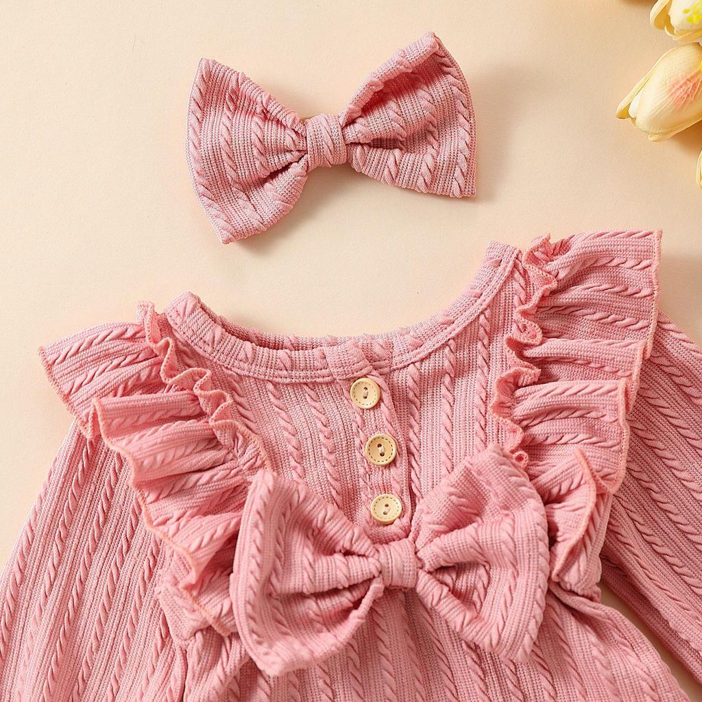 E2302A Toddler Girls' Princess Bow Romper with Headband - Sweet Long Sleeve Two-Piece Outfit
