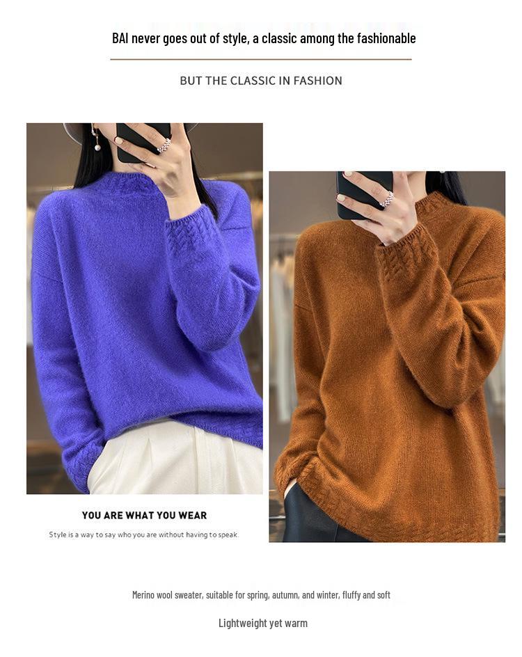 2025 Women's Korean Style Pure Wool Sweater - Half-High Collar, Warm, Loose Fit, Drop Shoulder Cashmere Knit.