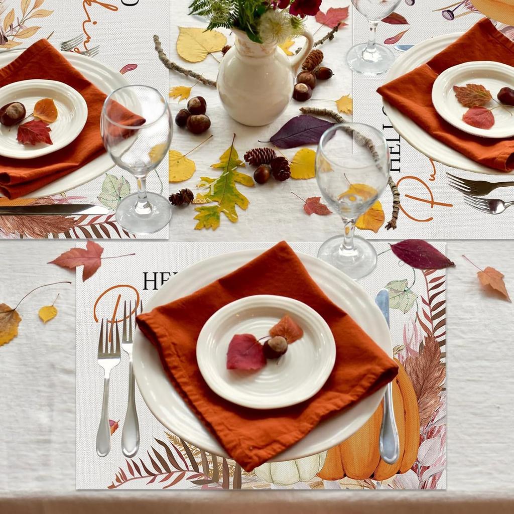 ONFAON Fall Decorations for Home,Fall Placemats Set of 4,Orange Hello Pumpkin Leaves Washable Table Dinner Mats for Autumn Farmhouse Home Kitchen