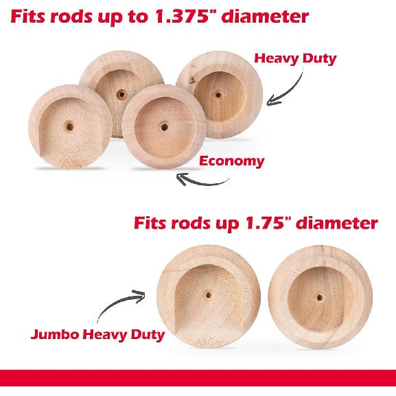 WADDELL Closet Pole Socket (Jumbo Heavy Duty, 1 Set) | Hardwood Dowel Rod Holder Fits Any Style Closet Rods up to 1-¾" Diameter | Includes Mounting