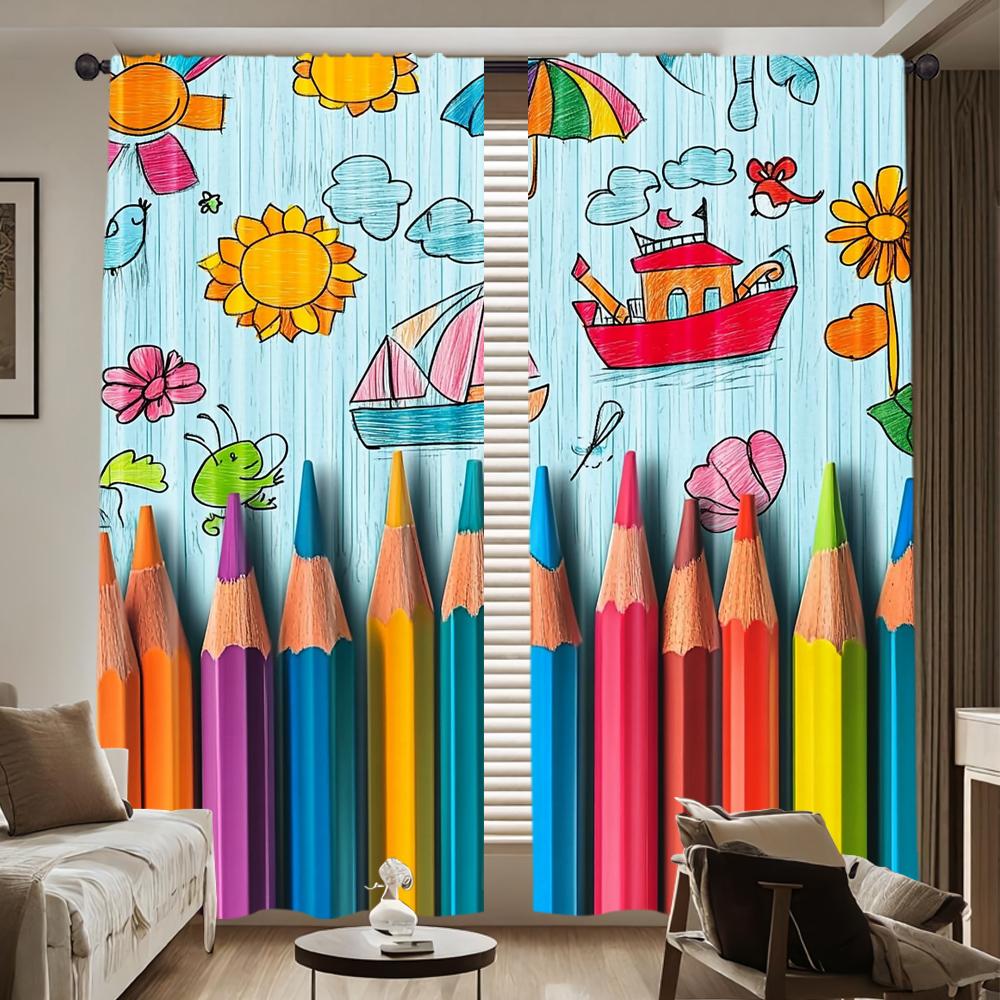 2pcs, Spring Summer Curtains Crayon Art Art Digital Print Drapes Fabric Versatile All Use for Bedroom, Kitchen, Office & Living