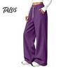 Wrinkle Resistant Casual Pants Women Wide Leg for Fall Winter, Drawstring Elastic Waist Loose Fit Trousers, Solid Color Straight Legs Trousers