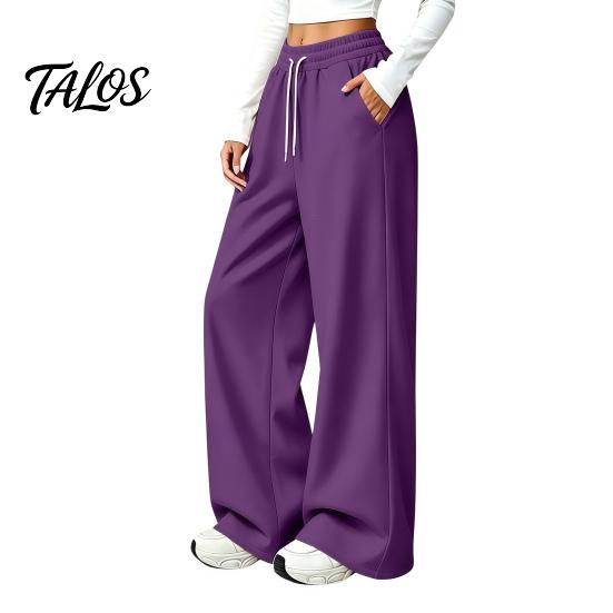 Wrinkle Resistant Casual Pants Women Wide Leg for Fall Winter, Drawstring Elastic Waist Loose Fit Trousers, Solid Color Straight Legs Trousers