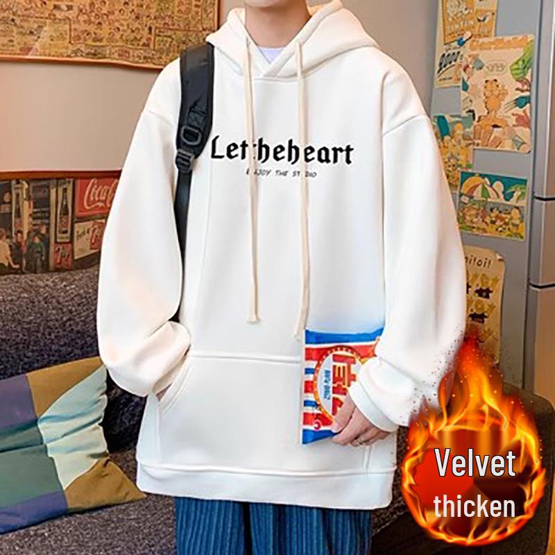 

Men s Trendy Fleece-Lined Hooded Jacket with Letter Print, Loose Fit, for Autumn and Winter M