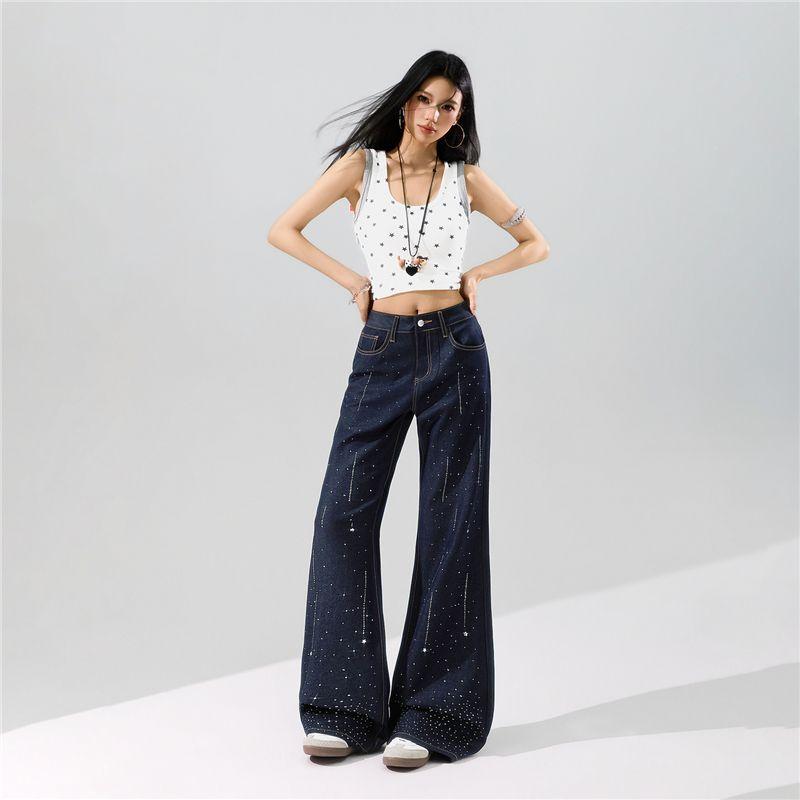 Spring Summer Meteor Full Rhinestone Wrinkle Resistant Four Way Stretch Drape Micro Flare Denim Pants For Women Casual Pants Oversize Denim Trousers