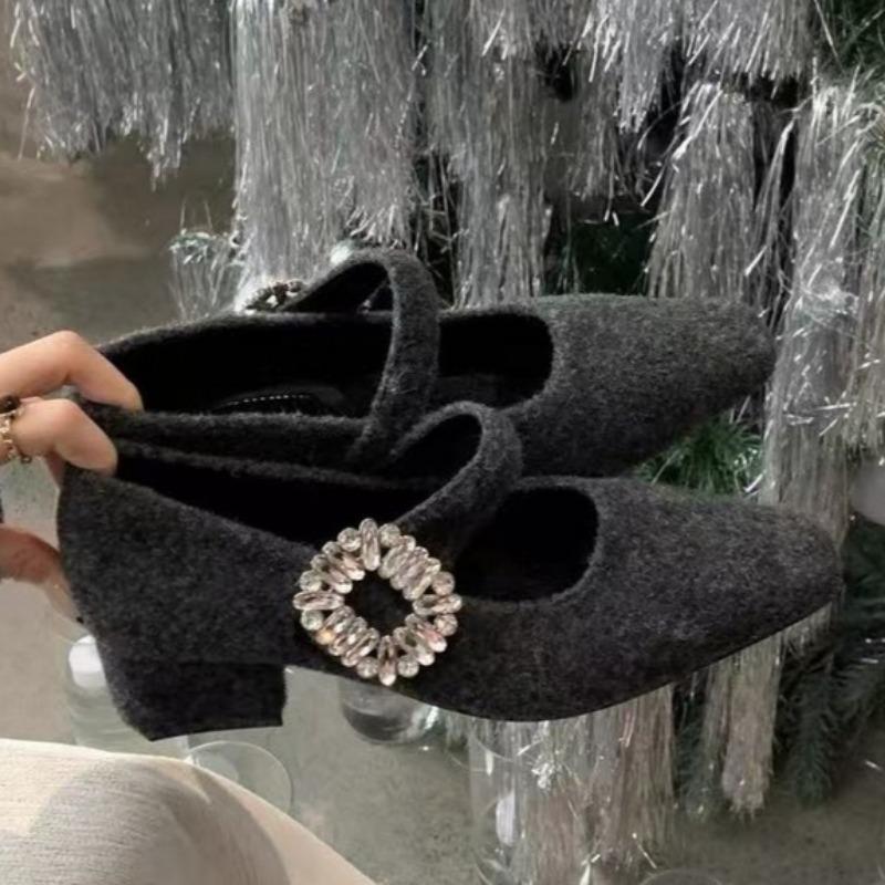 

Модная женская обувь на толстом каблуке Женская обувь с квадратным носком с мелким вырезом с блестящей пряжкой Противоскользящая износостойкая обувь с низким верхом 40 серый