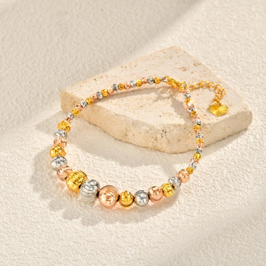 24K PVD Gold Plated Bracelets for Women, Beaded Strand Beads Ball Adjustable Stackable Bracelet, Fashion Party Wedding Jewelry