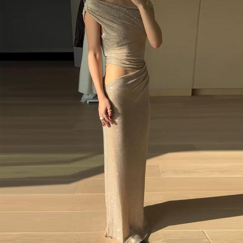 Retro Sequin Single Shoulder Long Dress Women Elegant Glitter Solid Color Slim Fit Evening Dresses Female Street Party Dress