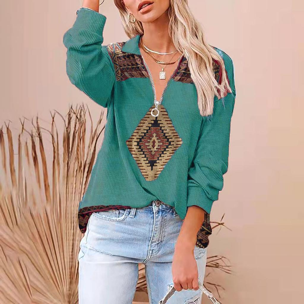 Ladies Casual Ethnic Print Fashion Large Size V-neck Zipper Long-sleeved Blouse