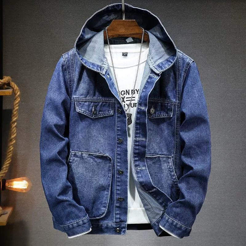 Men's Denim Jacket with Hood, Loose Fit, Slim Fit, Korean Version, Casual Large Pocket, Fashionable Social Clothing, Outerwear, Jacket