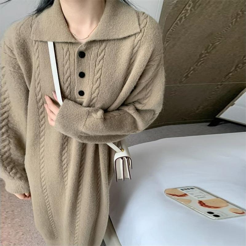 Medium and long pullover knitted top for women's autumn and winter new loose temperament lapel sweater skirt