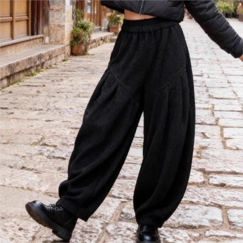 Johnature Women Vintage corduroy Black Bloomers Pants Winter Elastic Waist Loose Trousers Thick Casual Female Pants