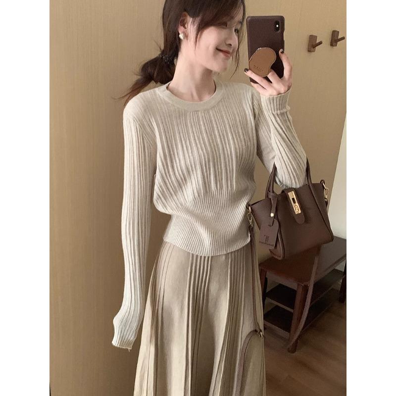 Waist knitted sweater, women's soft and glutinous sweater, autumn and winter casual fashion, long sleeves underneath with minimalist style base top