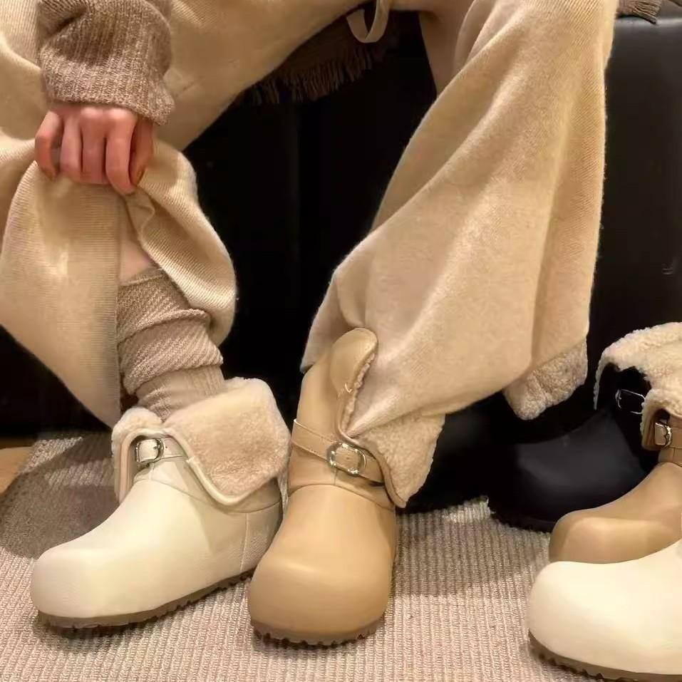 Women's leather two-wear fashion lightweight soft sole winter warm fur one snow boots padded lining non-slip casual sports cotton boots