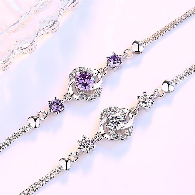 Top Grade 925 Sterling Silver Bracelet for Lady Birthday Gift Sparkling Crystal Purple Flower Clover Bracelet Women Jewelry