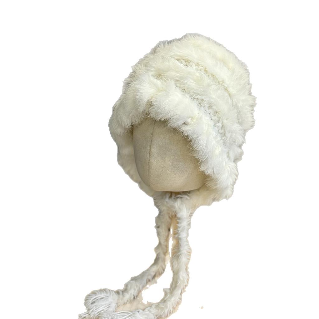 Rabbit fur thick plush ear protection hat, autumn and winter thick warm tassel knitted hat, large head circumference fluffy hat