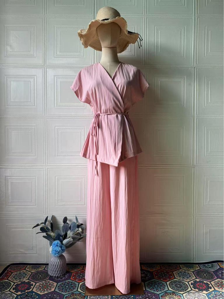 2025 Summer European & American Casual V-neck Short-sleeve Long Pants Fashion Set