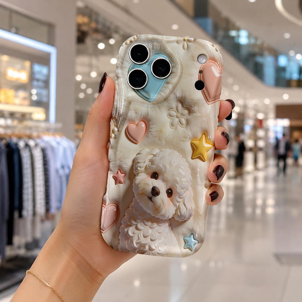 White Bichon Frise Heart Star Phone Case For iPhone 16 15 14 Pro Max 13 12 11 Wavy Edge Soft Cover