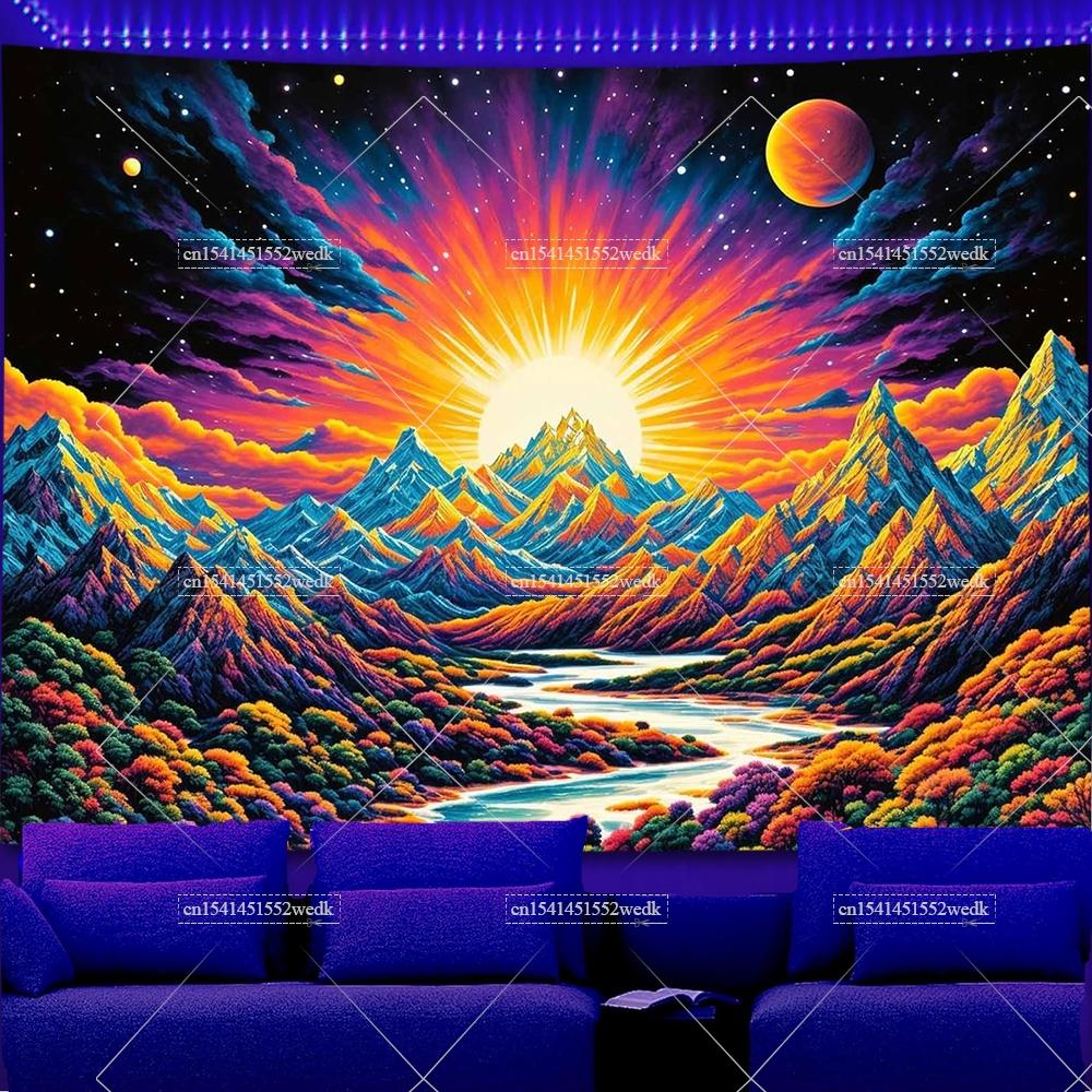 Mountains River Sunrise Blacklight Tapestry UV Reactive Glowing Landscape Black Light Tapestry Aesthetic Wall Art Neon Backdrops