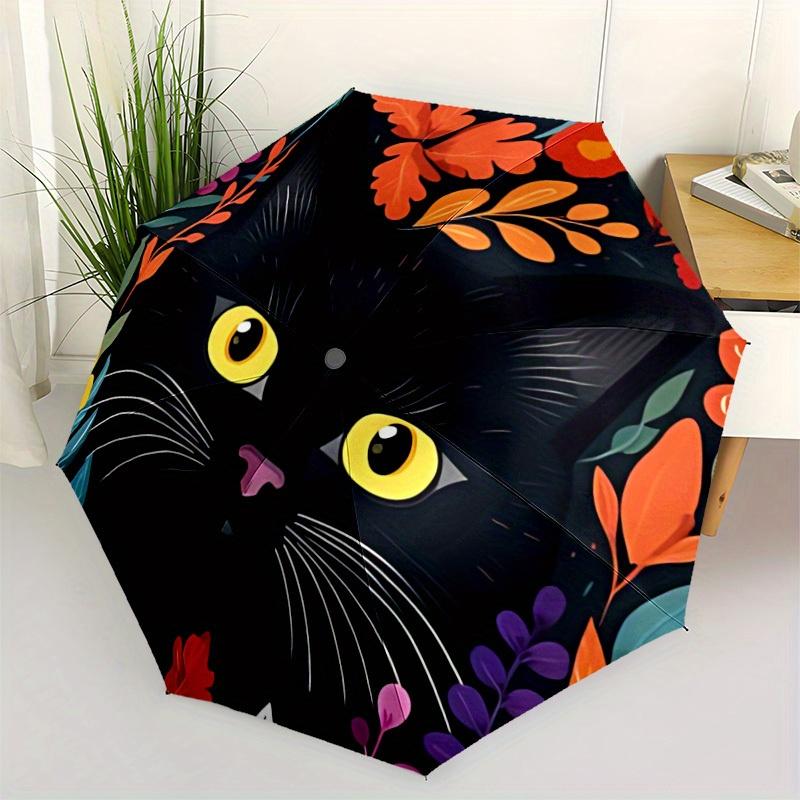 1pc Black Cat Illustration Automatic Folding Umbrella - 8-Rib Iron Frame, Windproof, Portable Sunshade with Plastic Handle for Travel & Outd