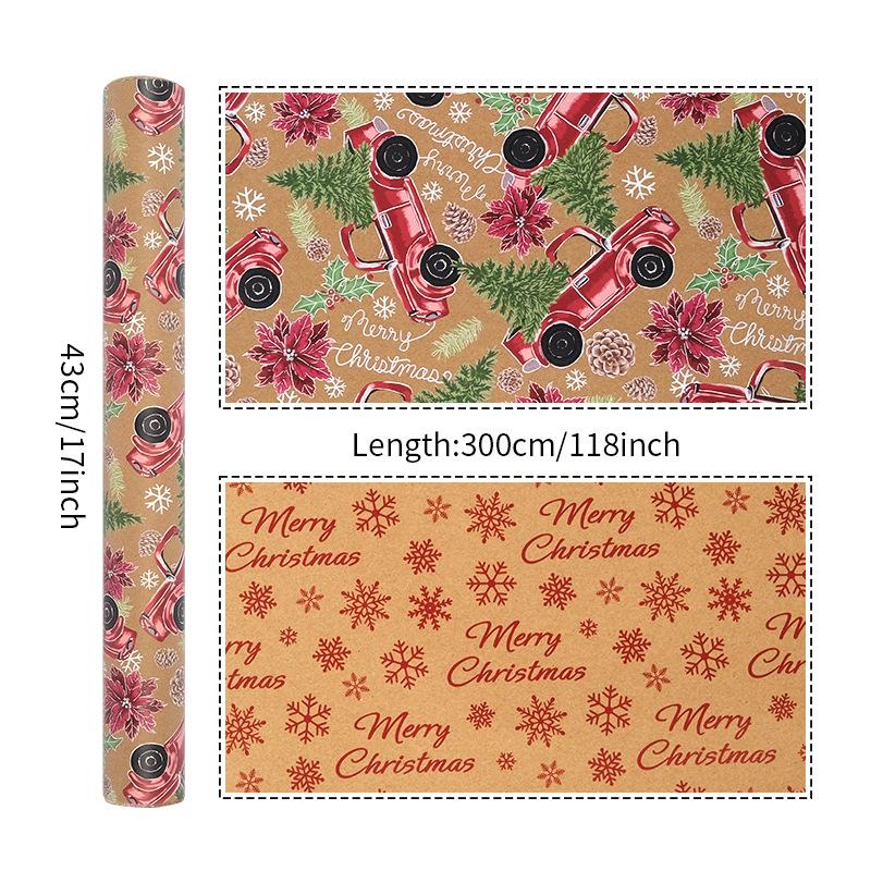 Vintage Kraft Christmas Gift Wrapping Paper Double Sided Print Kraft Roll Pine Tree Reindeer DIY Present Packaging Sheet