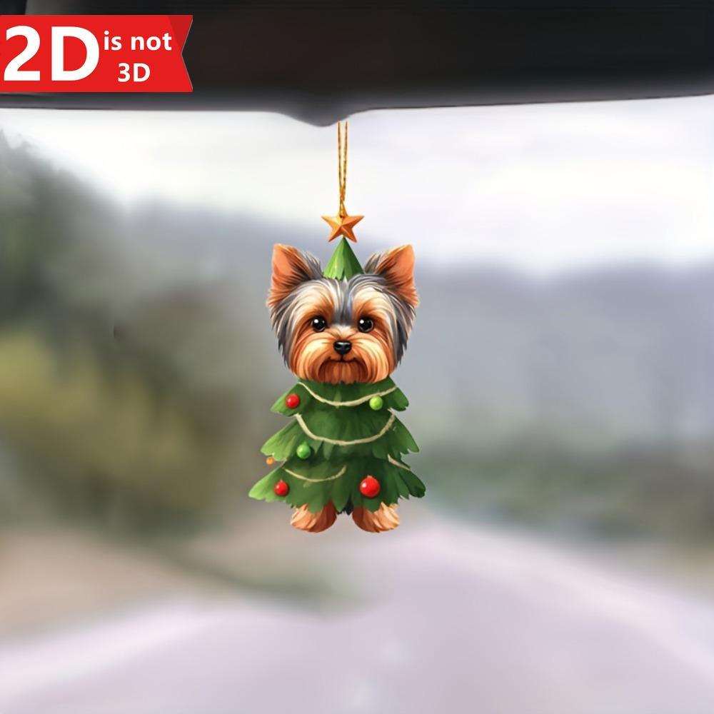 2D Yorkshire Dog Christmas Pendant for Car Mirrors. A Cute Holiday Accessory.