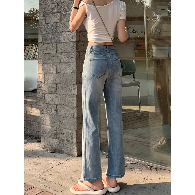 Kumikumi American Retro Worn Looking Washed-out Denim Women's Autumn Slimming All-Matching Youthful-Looking Straight-Leg Pants Cropped Pants