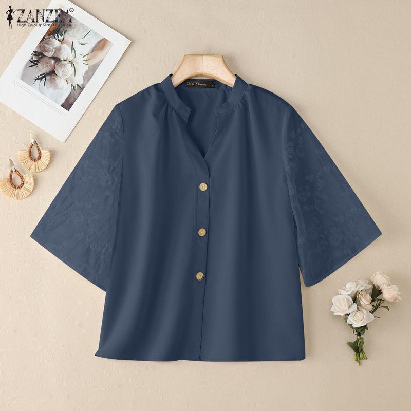 ZANZEA Women Casual V-Neck Splice Half Sleeve Loose Blouse