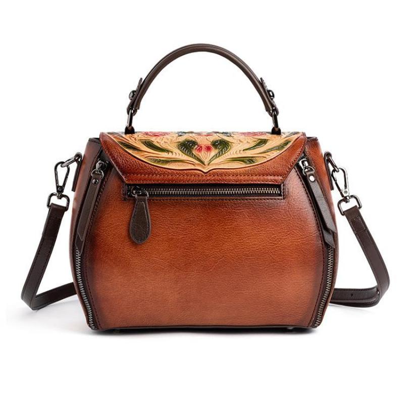 Johnature Retro preget førstelags kuskinn Dameveske Håndlaget Floral Hasp Handbag Fritid Skulder Messenger Bags