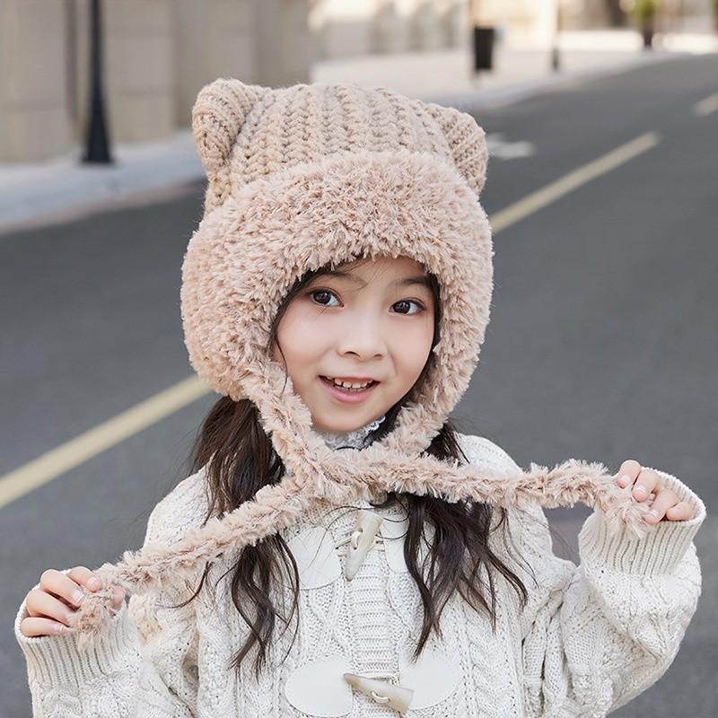 Kids Bear Ears Knit Hat Winter Warmth Toddler Girl Boy Cozy Polyester Headgear