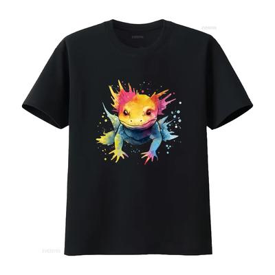 Cool Axolotl On Colorful Painted T Shirt Vintage Designer Clothes Slightly Top For Everyday Wear Versatile Streetwear