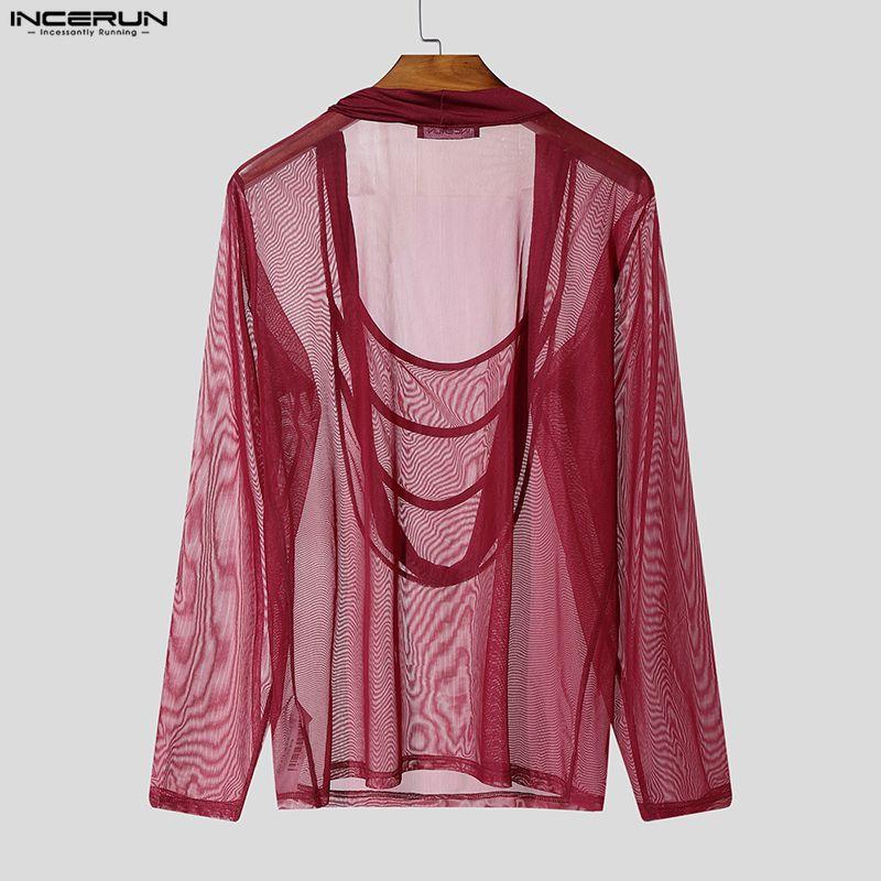 INCERUN Chemises Hauts Décontractés de Fête pour Hommes à Col Profond à Manches Longues en Maille Transparente