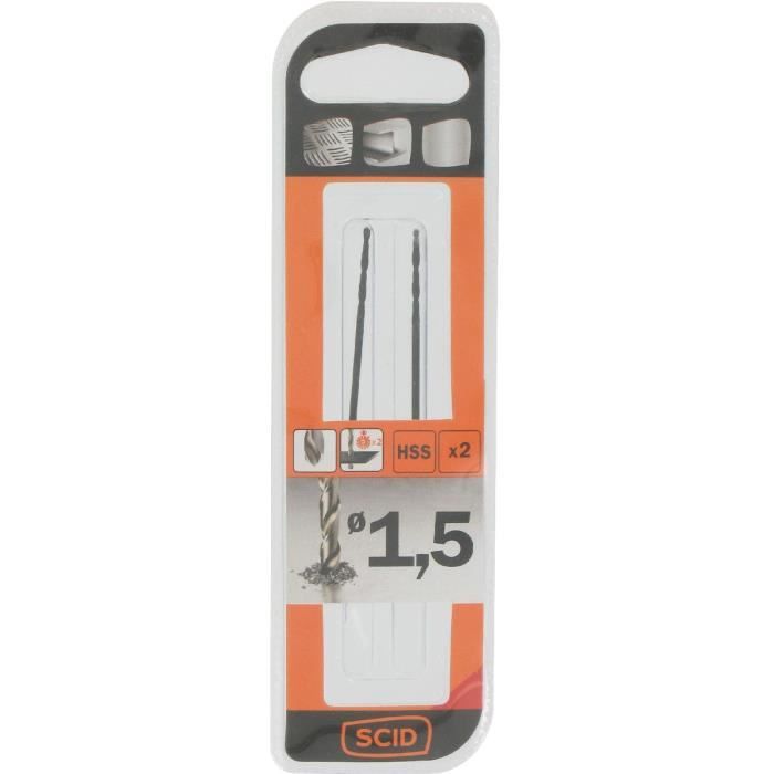 Foret métal HSS - SCID - L. 40mm - Diam. 1,5mm - Vendu par 2 - Affûtage autocentrant