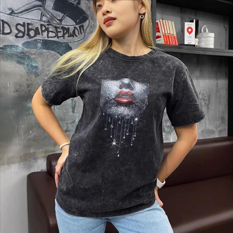 European and American Fashion Casual Loose Washed Distressed Print T-shirt Top Loose Printed T-shirt Top