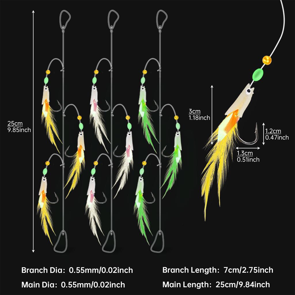 3 Packs Glow In Dark Multi-Color Chicken Feather Fishing Lure Fish Head Hooks Freshwater Saltwater Trout High Visibility Attractor