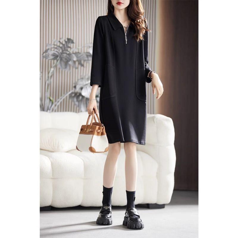 

Весна Лето Поло-воротник Свободный Повседневный Халат на молнии Женский Черный Рукав три четверти Vestidos Женское Элегантное Модное Платье Femme 5XL чёрный