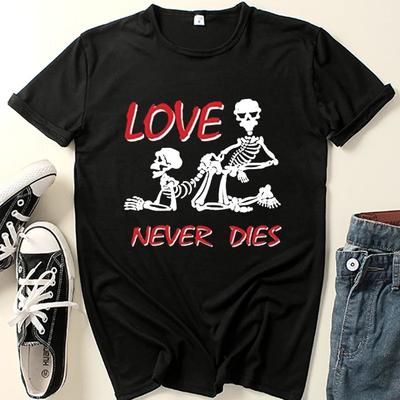 Miłość Nigdy Nie Umiera Nadruk Czaszki T-shirt Kobiety Krótki Rękaw Okrągły Dekolt Luźny T-shirt Lato Kobiety Casual T-shirt Top Camisetas Mujer