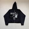 Front Pocket Distressed Hole Zipper Hooded Hoodies Mens Cardigan Streetwear Loose Baggy Sweatshirt Coat