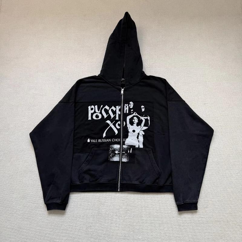 Front Pocket Distressed Hole Zipper Hooded Hoodies Mens Cardigan Streetwear Loose Baggy Sweatshirt Coat
