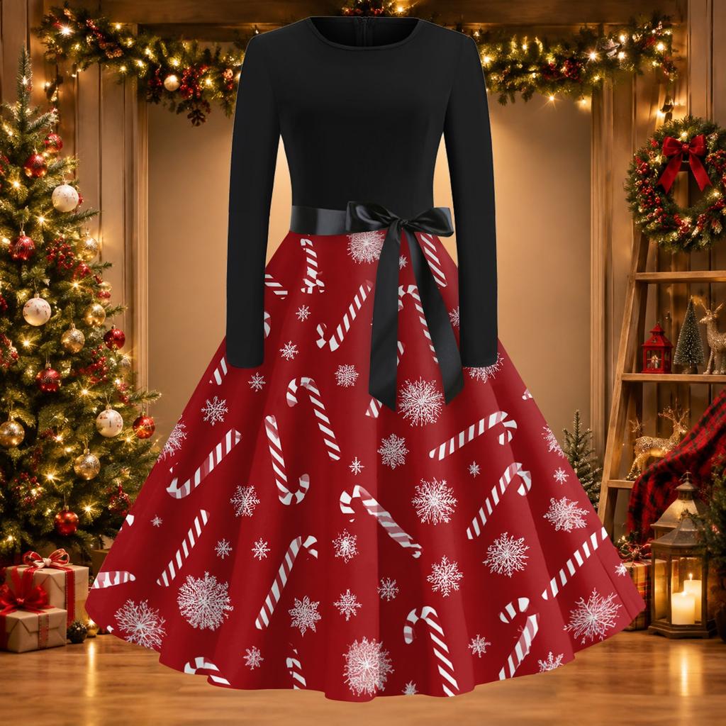 Women's Casual Christmas Print Long Sleeve Round Neck Slim Fit Flared Party Dress