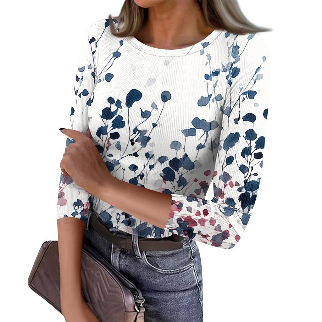 Women's Slim Bottom T-shirt Fashion Casual  Printed Round Neck Pullover Seven Sleeve Top